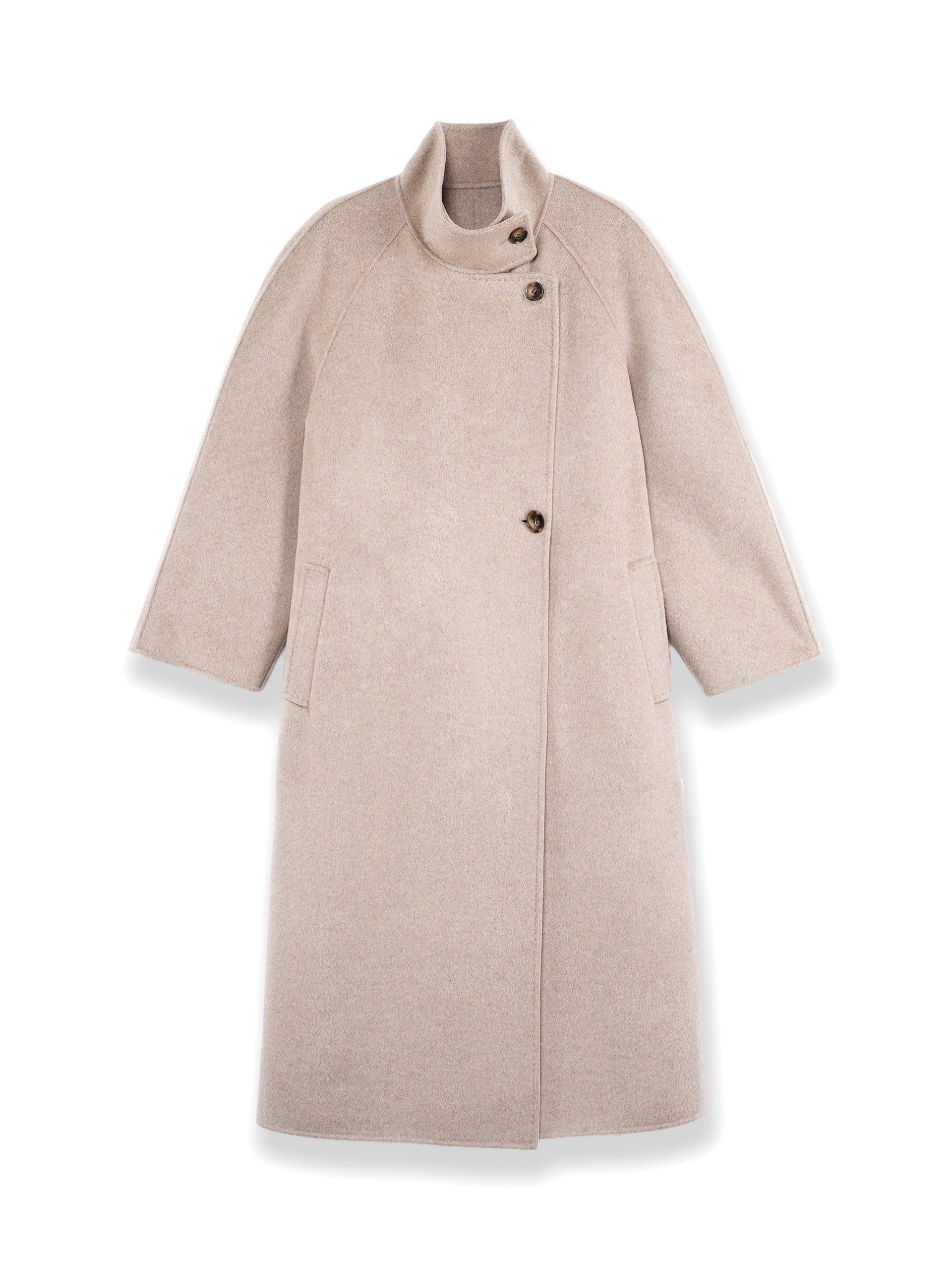 スタンドカラーラグランスリーブダブルブレストコート