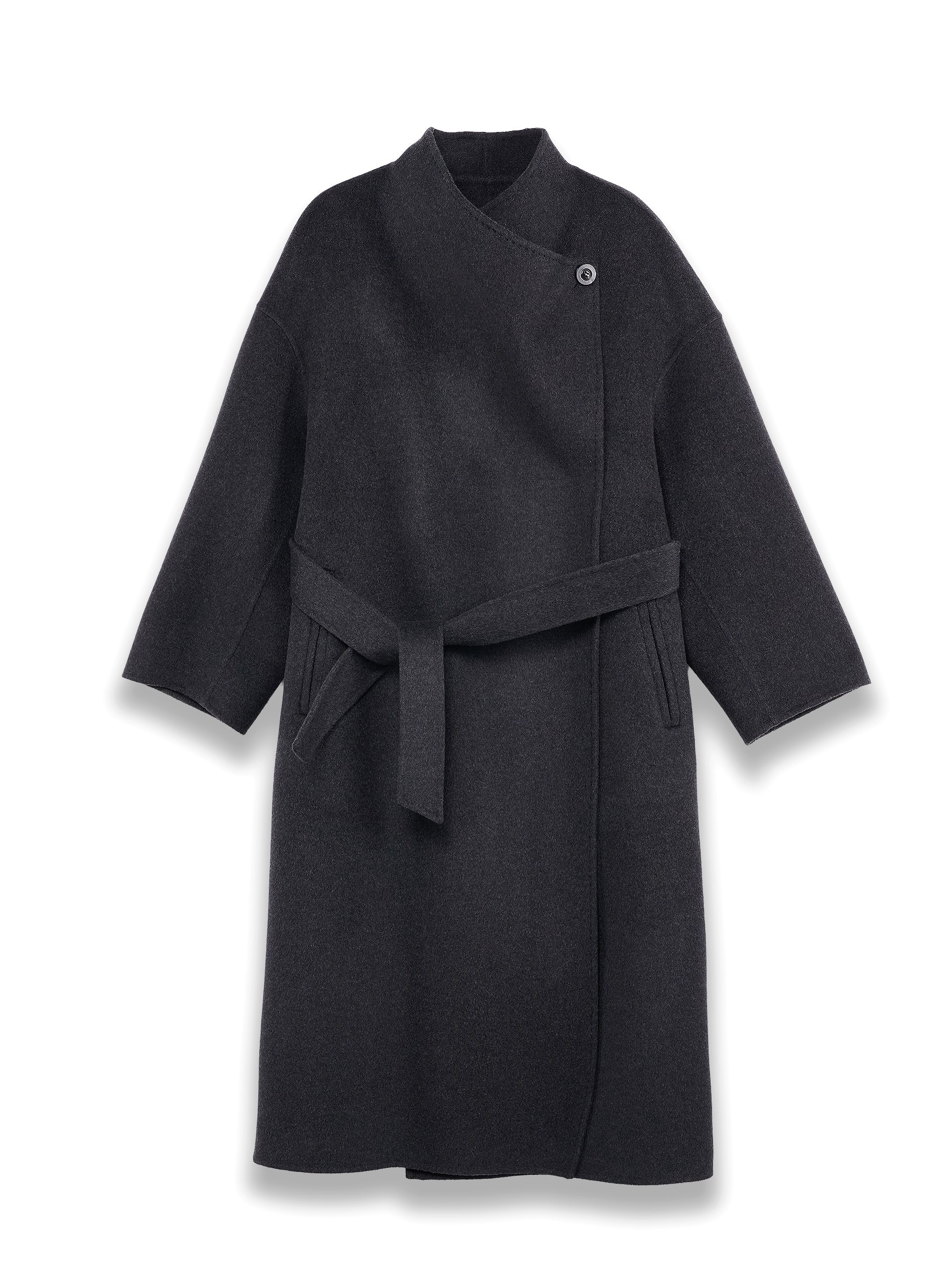 カシミヤウール混紡ロングハイカラーリラックスベルト付きダブルフェイスコート